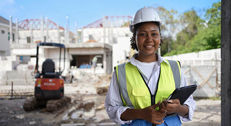 an African American woman holding a clipboard and wearing a heard hat with a construction site in the background